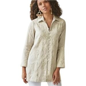 Soft Surroundings Embroidered Linen Blend Tunic Top Taupe White Sz Small PLJ-307
